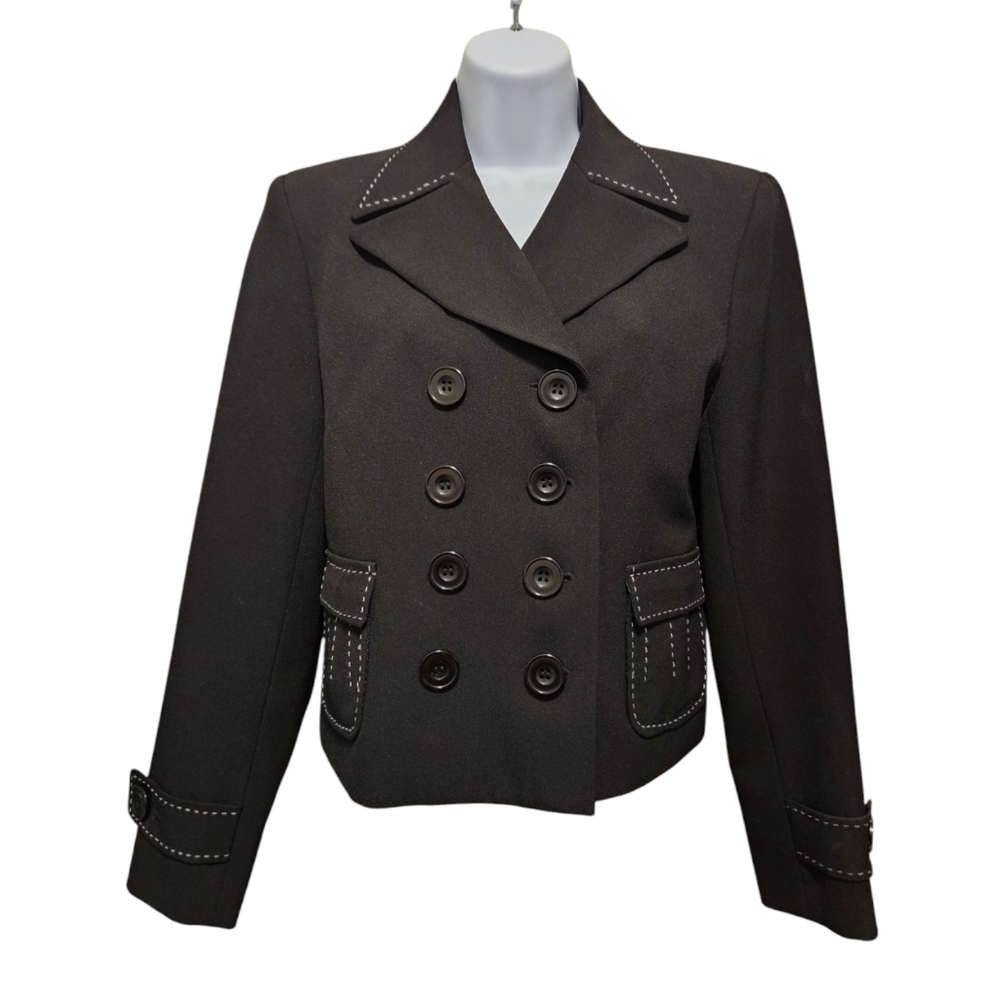 HARVE BENARD, Benard Holtzman,  Black Blazer Jacket Sz 8, Buttons, White Stitch